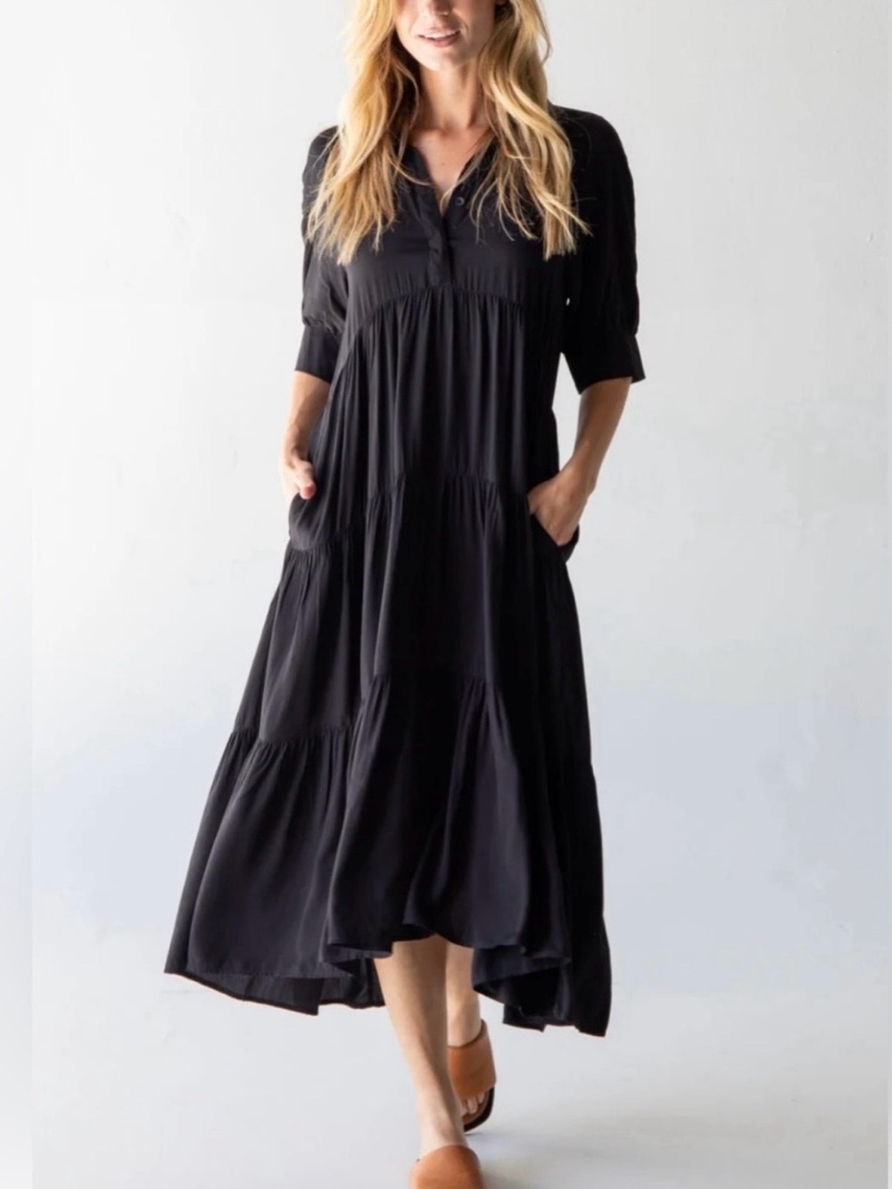Natural Life Rebecca Black Tiered Midi Maxi Dress Rayon Pockets NWT Size Medium